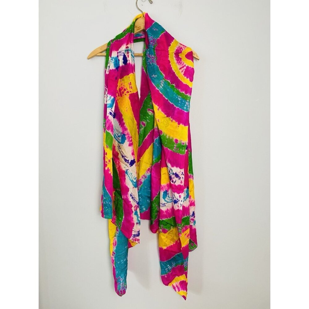 Vintage Tie Dye Scarf / Wrap, 60s/70s, Silky Feel Colorful Fashion Scarf 36x78